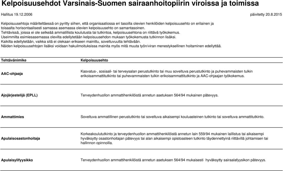 kelpoisuusehto on samantasoinen. Tehtävissä, joissa ei ole selkeää ammatillista koulutusta tai tutkintoa, kelpoisuusehtona on riittävä työkokemus.