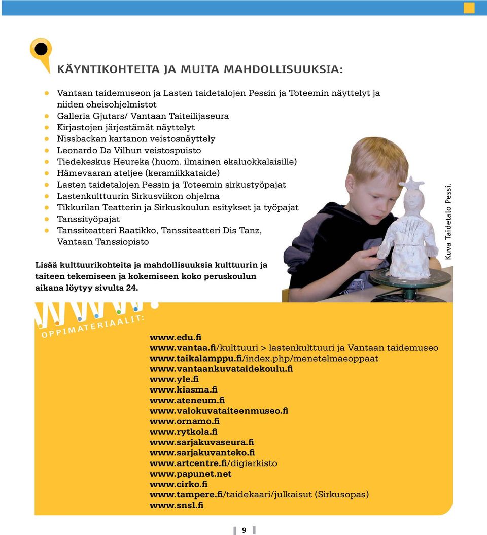 ilmainen ekaluokkalaisille) Hämevaaran ateljee (keramiikkataide) Lasten taidetalojen Pessin ja Toteemin sirkustyöpajat Lastenkulttuurin Sirkusviikon ohjelma Tikkurilan Teatterin ja Sirkuskoulun