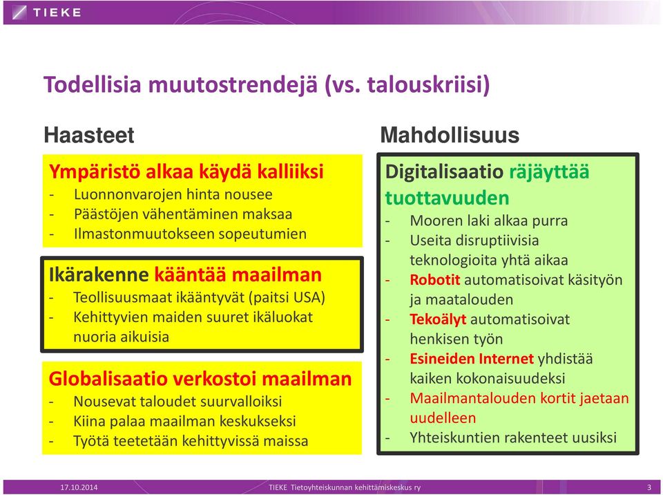 ikääntyvät (paitsi USA) - Kehittyvien maiden suuret ikäluokat nuoria aikuisia Globalisaatio verkostoi maailman - Nousevat taloudet suurvalloiksi - Kiina palaa maailman keskukseksi - Työtä teetetään