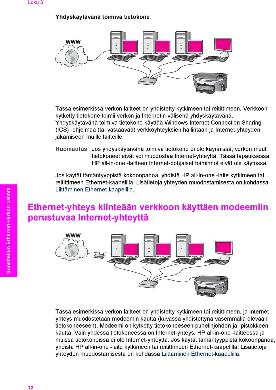 Jos yhdyskäytävänä toimiva tietokone ei ole käynnissä, verkon muut tietokoneet eivät voi muodostaa Internet-yhteyttä.