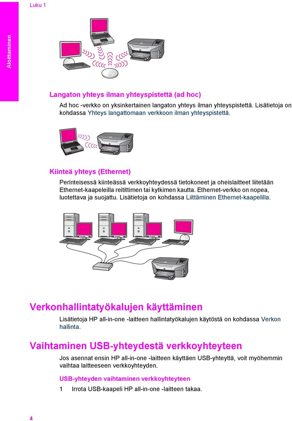 Kiinteä yhteys (Ethernet) Perinteisessä kiinteässä verkkoyhteydessä tietokoneet ja oheislaitteet liitetään Ethernet-kaapeleilla reitittimen tai kytkimen kautta.
