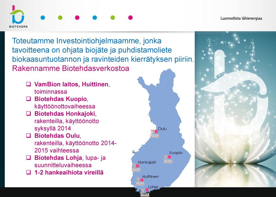 Rakennamme Biotehdasverkostoa VamBion laitos, Huittinen, toiminnassa Biotehdas Kuopio, käyttöönottovaiheessa Biotehdas