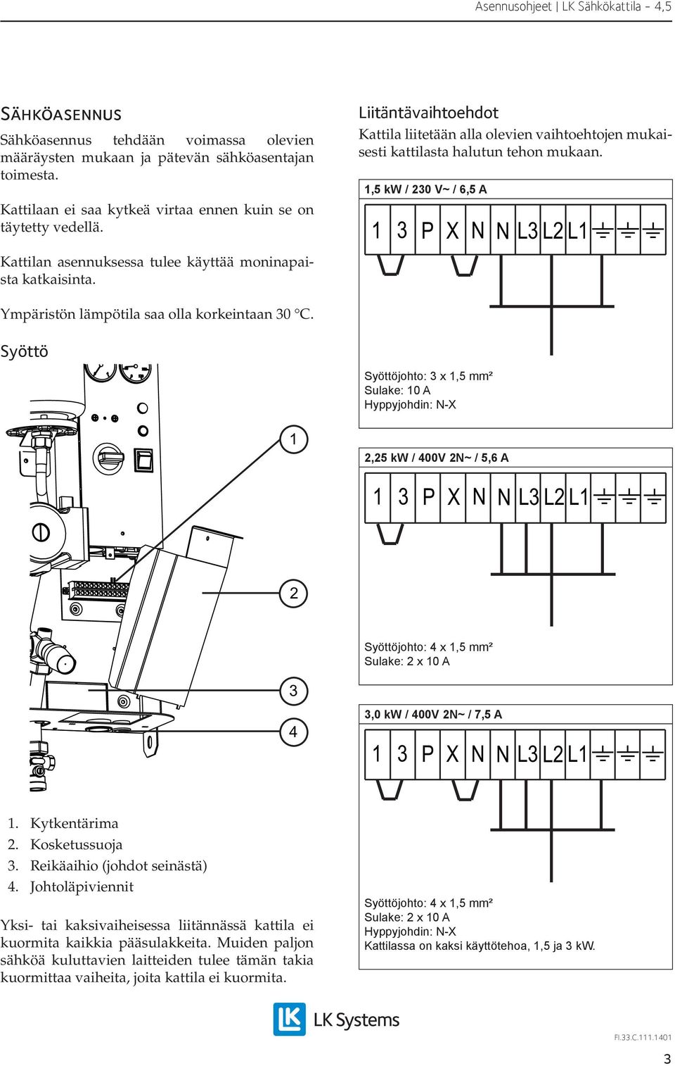 ,5 kw / 0 V~ / 6,5 A P X N N L L L Kattilan asennuksessa tulee käyttää moninapaista katkaisinta. Ympäristön lämpötila saa olla korkeintaan 0 C.