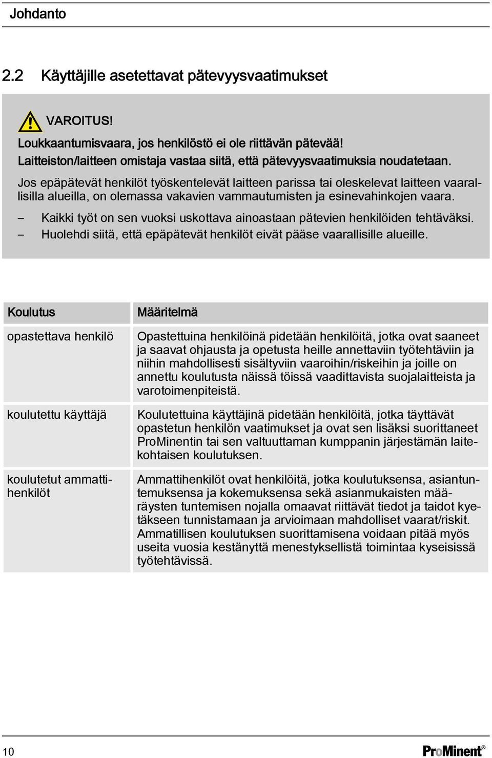 Jos epäpätevät henkilöt työskentelevät laitteen parissa tai oleskelevat laitteen vaarallisilla alueilla, on olemassa vakavien vammautumisten ja esinevahinkojen vaara.