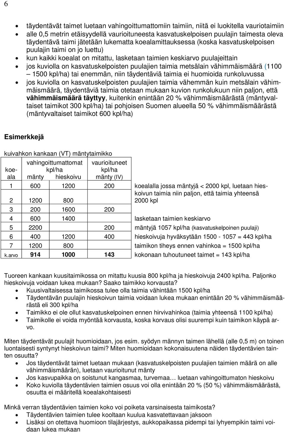 puulajien taimia metsälain vähimmäismäärä (1100 1500 kpl/ha) tai enemmän, niin täydentäviä taimia ei huomioida runkoluvussa jos kuviolla on kasvatuskelpoisten puulajien taimia vähemmän kuin metsälain