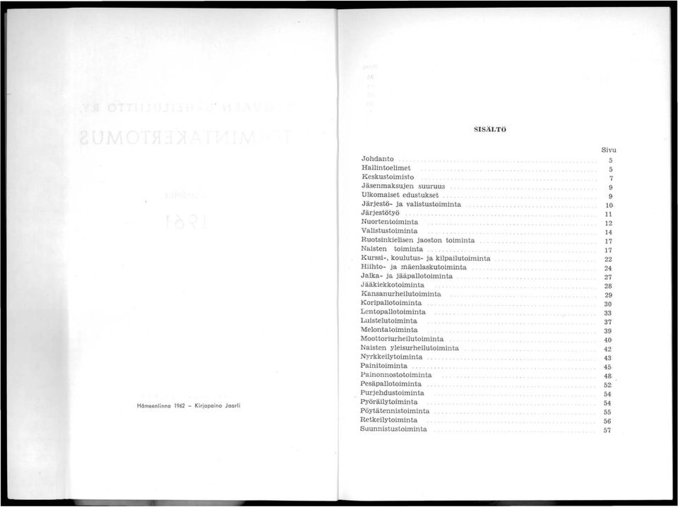 koulutus- ja kilpailutoiminta Hiihto- ja Iiläenlaskutoiminta Jalka- ja jääpallotoiminta Jääkiekkotoiminta Kansanurheilutoiminta Koripallotoiminta.