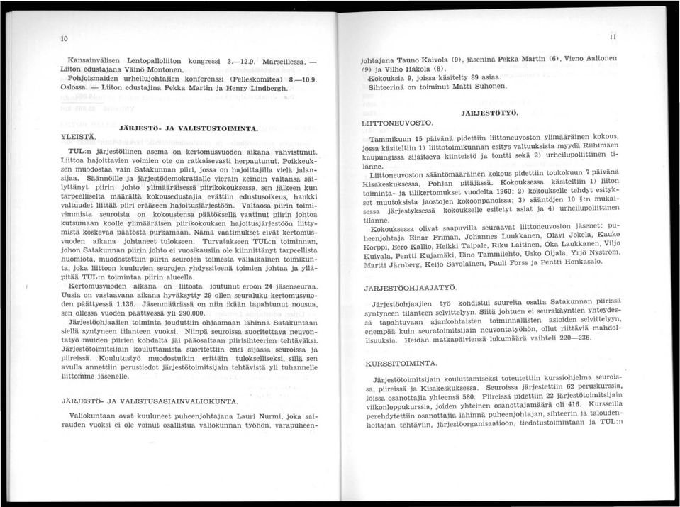 KO'kO'uksia 9, jo'issa käsitelty 89 asiaa. Sihteerinä O'n to'iminut Matti SuhO'nen. 11 YLEISTÄ. JÄRJESTÖ- JA VALISTUSTOIMINTA.. TUL:n järjeswllinen asema O'n kertomusvuo'den aikana vahvistunut.