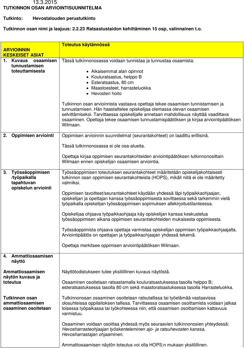 Kuvaus osaamisen tunnustamisen toteuttamisesta Tässä tutkinnonosassa voidaan tunnistaa ja tunnustaa osaamista: Aikaisemmat alan opinnot Kouluratsastus, helppo B Esteratsastus, 80 cm Maastoesteet,