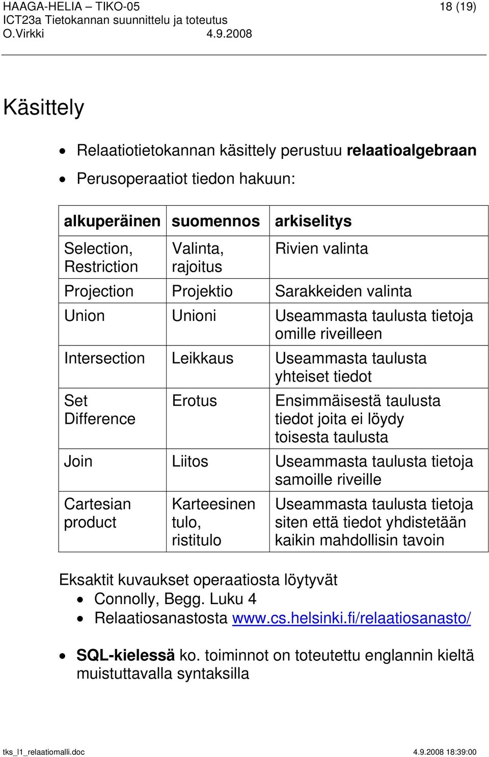 Erotus Ensimmäisestä taulusta tiedot joita ei löydy toisesta taulusta Join Liitos Useammasta taulusta tietoja samoille riveille Cartesian product Karteesinen tulo, ristitulo Useammasta taulusta