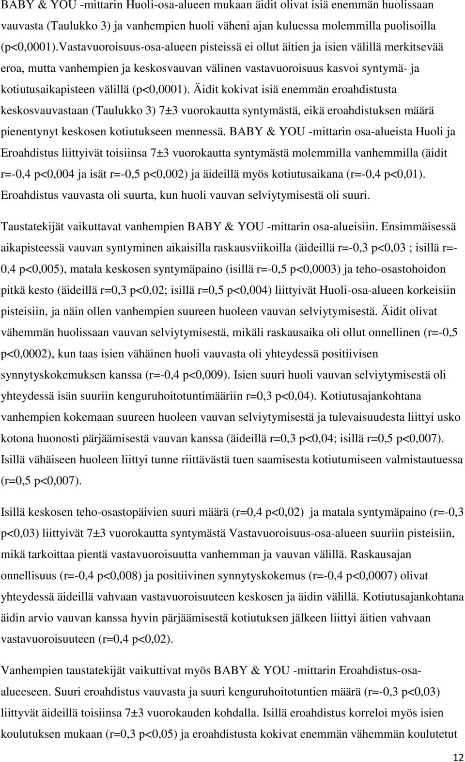 (p<0,0001). Äidit kokivat isiä enemmän eroahdistusta keskosvauvastaan (Taulukko 3) 7±3 vuorokautta syntymästä, eikä eroahdistuksen määrä pienentynyt keskosen kotiutukseen mennessä.