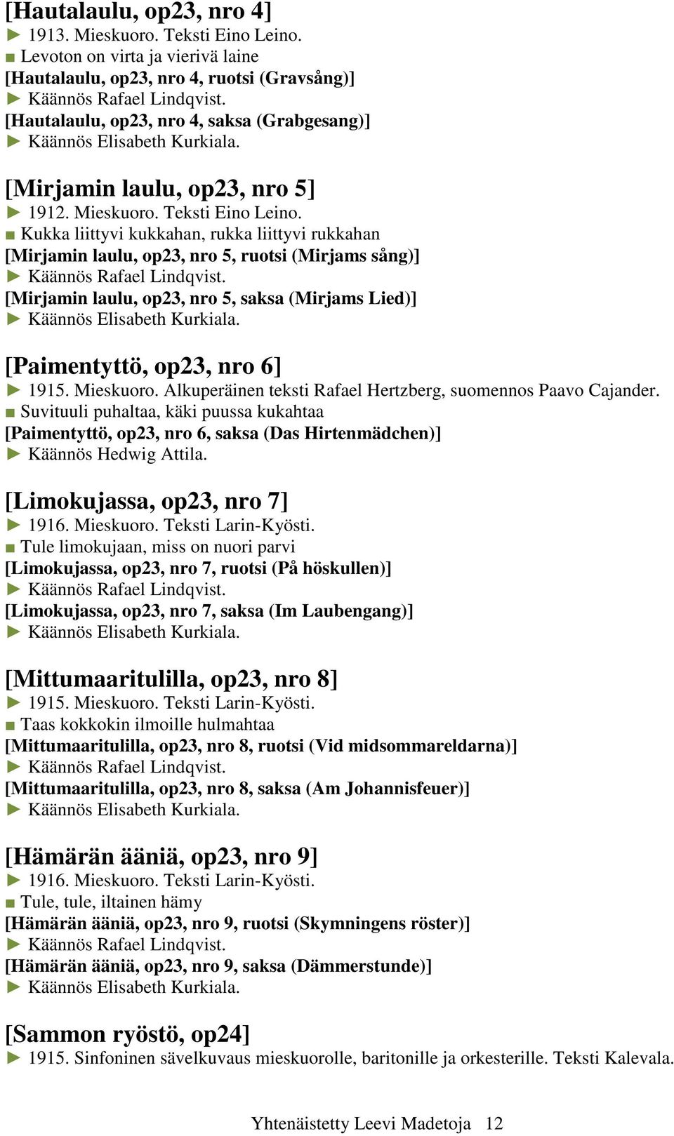 Teksti Eino Leino. Kukka liittyvi kukkahan, rukka liittyvi rukkahan [Mirjamin laulu, op23, nro 5, ruotsi (Mirjams sång)] [Mirjamin laulu, op23, nro 5, saksa (Mirjams Lied)] Käännös Elisabeth Kurkiala.