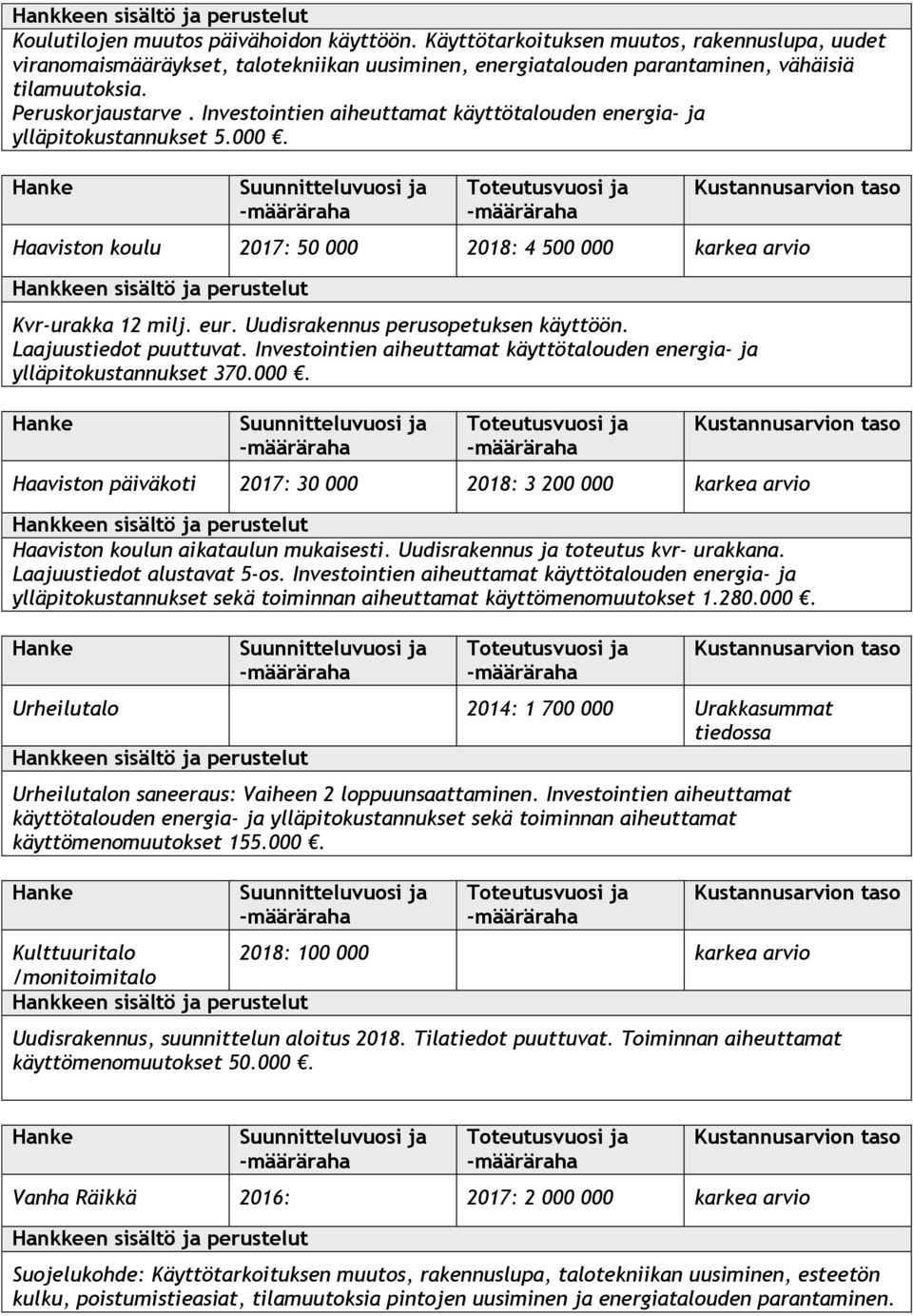 Uudisrakennus perusopetuksen käyttöön. Laajuustiedot puuttuvat. Investointien aiheuttamat käyttötalouden energia- ja ylläpitokustannukset 370.000.