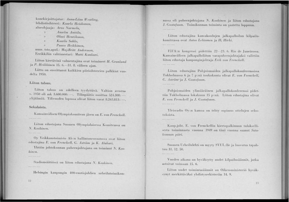 Liitto on suorittanut kaikkien pijrisihteerien palkkiot vuodelta 950. Liiton talous. Liiton talous on edelleen tn dyllävä. Valtion avustus v. 950 oli mk 3.600.000: -. Tilinpäätös osoittaa 524.308: _.