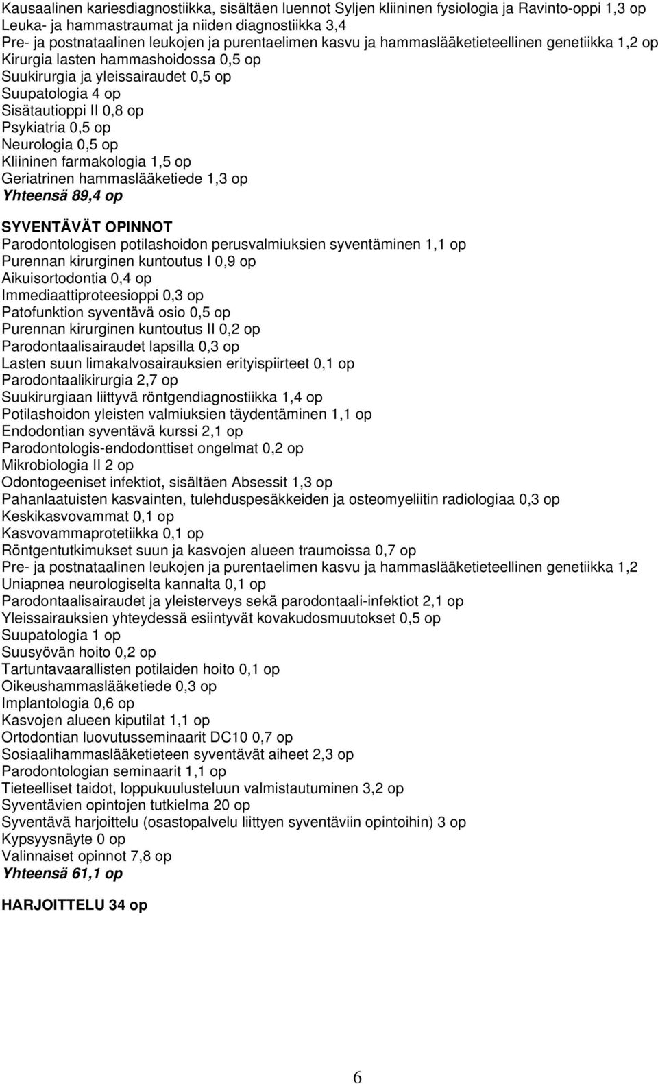 Neurologia 0,5 op Kliininen farmakologia 1,5 op Geriatrinen hammaslääketiede 1,3 op Yhteensä 89,4 op SYVENTÄVÄT OPINNOT Parodontologisen potilashoidon perusvalmiuksien syventäminen 1,1 op Purennan