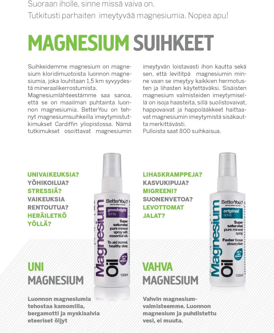 Magnesiumlähteestämme saa sanoa, että se on maailman puhtainta luonnon magnesiumia. BetterYou on tehnyt magnesiumsuihkeilla imeytymistutkimukset Cardiffin yliopistossa.