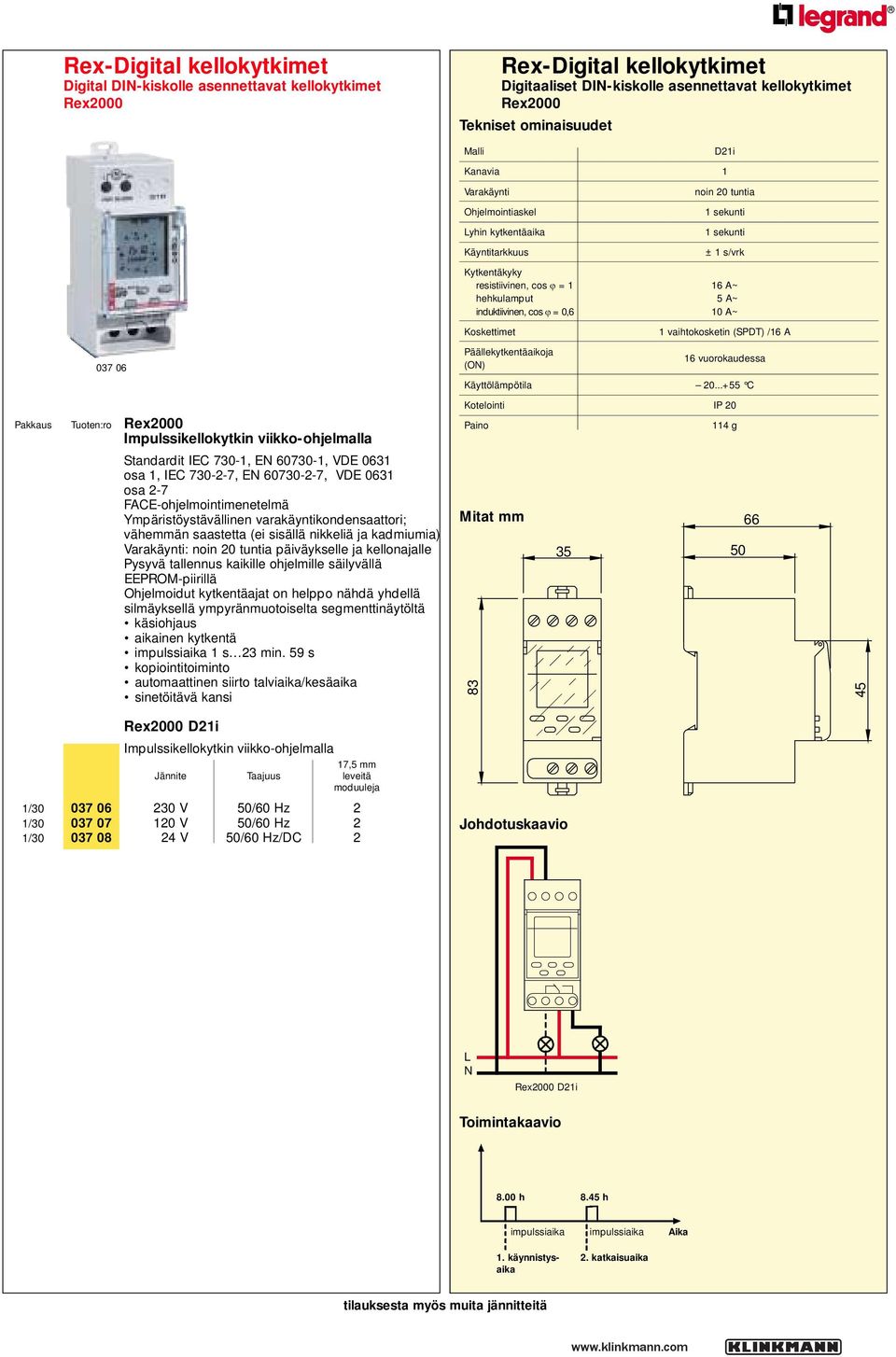 viikko-ohjelmalla Standardit IEC 730-1, E 60730-1, VDE 0631 osa 1, IEC 730-2-7, E 60730-2-7, VDE 0631 osa 2-7 FACE-ohjelmointimenetelmä Ympäristöystävällinen varakäyntikondensaattori; vähemmän