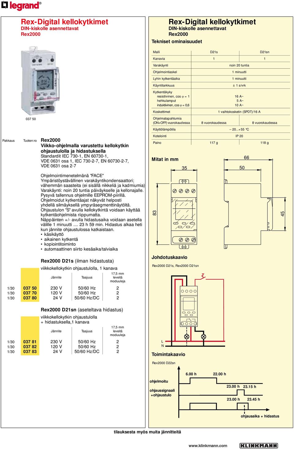 Pakkaus Tuoten:ro Viikko-ohjelmalla varustettu kellokytkin ohjaustulolla ja hidastuksella Standardit IEC 730-1, E 60730-1, VDE 0631 osa 1, IEC 730-2-7, E 60730-2-7, VDE 0631 osa 2-7
