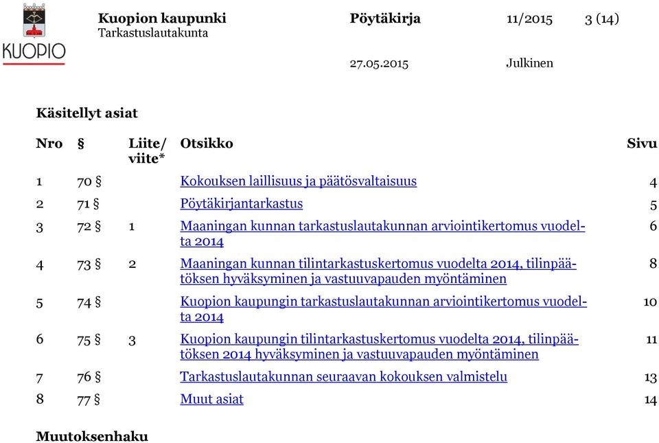 ja vastuuvapauden myöntäminen 5 74 Kuopion kaupungin tarkastuslautakunnan arviointikertomus vuodelta 2014 6 75 3 Kuopion kaupungin tilintarkastuskertomus vuodelta 2014,