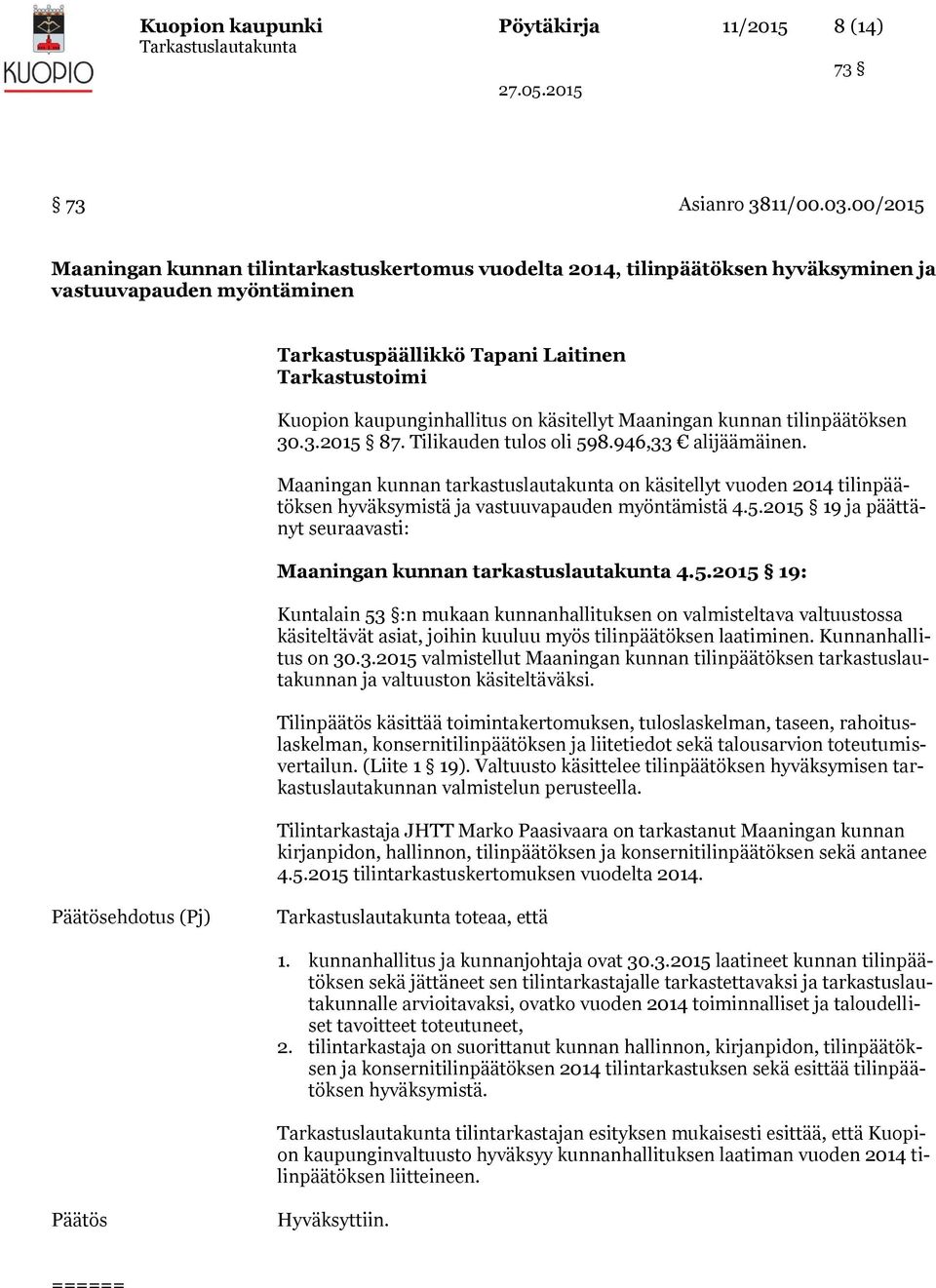 tilinpäätöksen 30.3.2015 87. Tilikauden tulos oli 598.946,33 alijäämäinen. Maaningan kunnan tarkastuslautakunta on käsitellyt vuoden 2014 tilinpäätöksen hyväksymistä ja vastuuvapauden myöntämistä 4.5.2015 19 ja päättänyt seuraavasti: Maaningan kunnan tarkastuslautakunta 4.