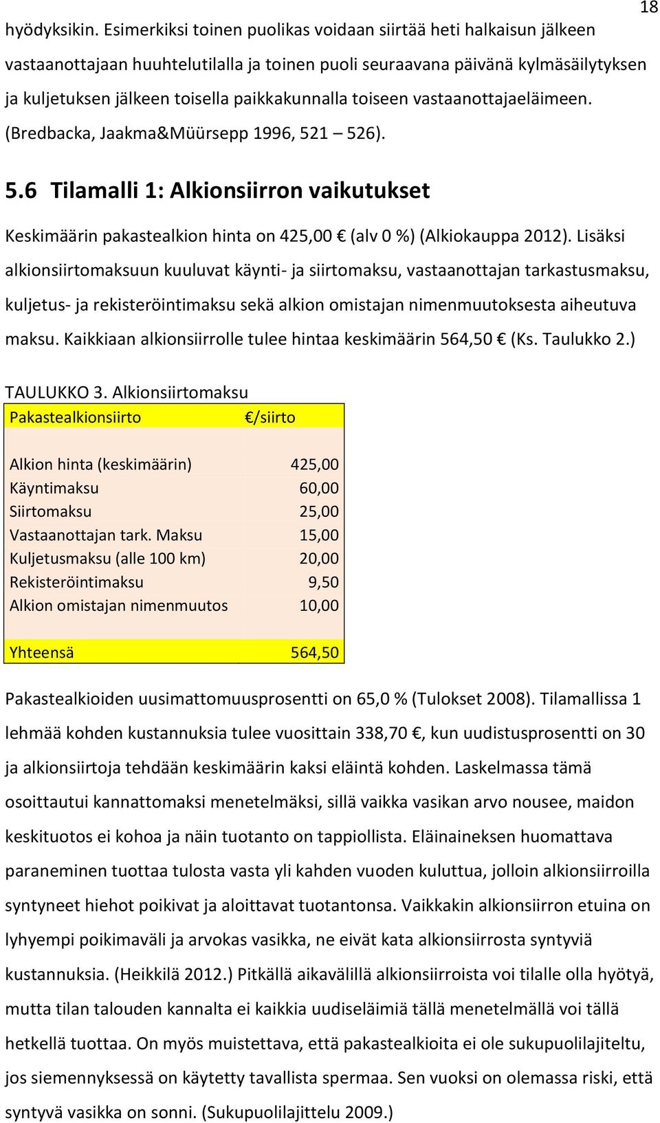 toiseen vastaanottajaeläimeen. (Bredbacka, Jaakma&Müürsepp 1996, 521 526). 5.6 Tilamalli 1: Alkionsiirron vaikutukset Keskimäärin pakastealkion hinta on 425,00 (alv 0 %) (Alkiokauppa 2012).
