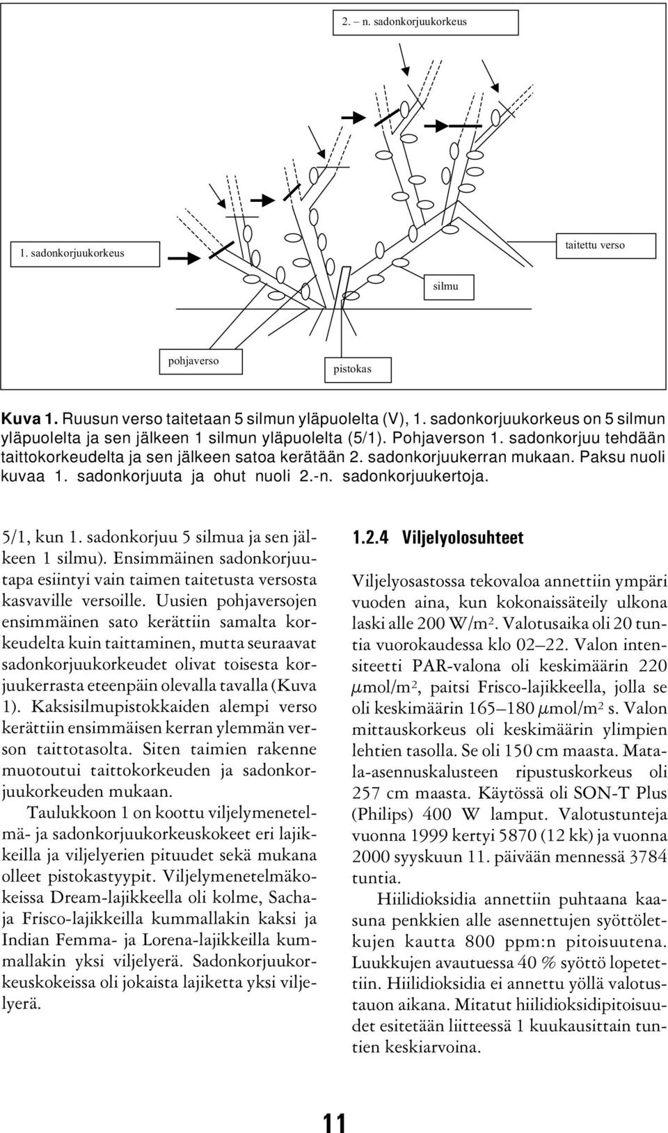 Paksu nuoli kuvaa 1. sadonkorjuuta ja ohut nuoli 2.-n. sadonkorjuukertoja. 5/1, kun 1. sadonkorjuu 5 silmua ja sen jälkeen 1 silmu).