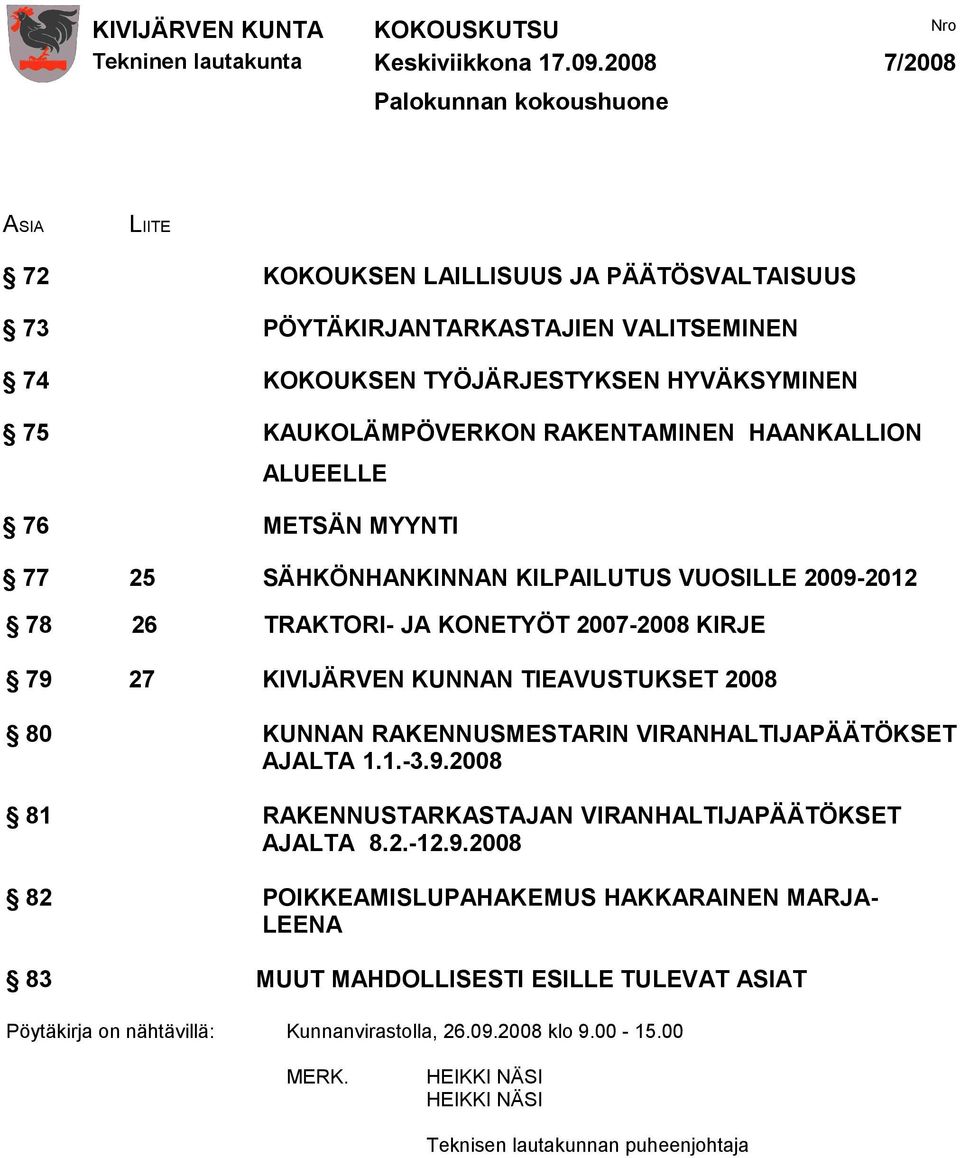 KIVIJÄRVEN KUNNAN TIEAVUSTUKSET 2008 80 KUNNAN RAKENNUSMESTARIN VIRANHALTIJAPÄÄTÖKSET AJALTA 1.1.-3.9.