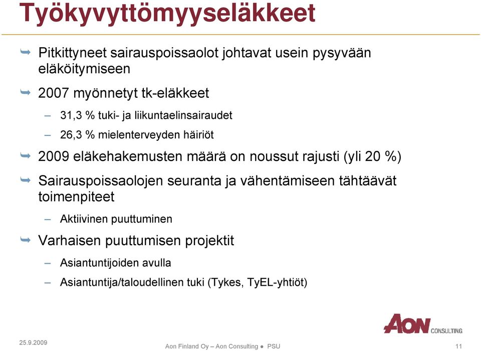 rajusti (yli 20 %) Sairauspoissaolojen seuranta ja vähentämiseen tähtäävät toimenpiteet Aktiivinen i puuttuminen Varhaisen