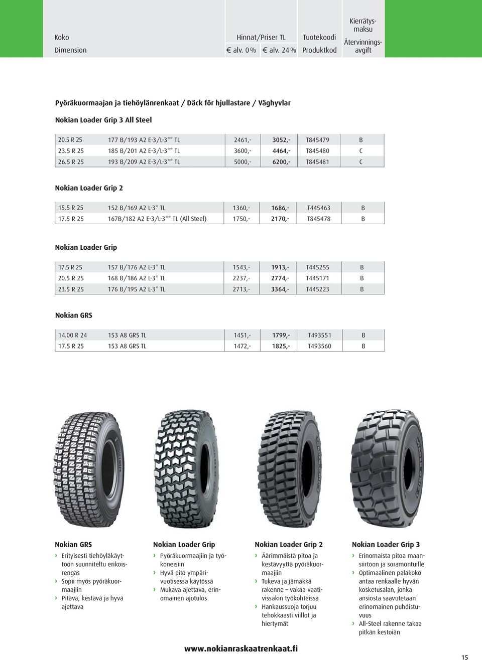 5 R 25 167B/182 A2 E-3/L-3** TL (All Steel) 1750,- 2170,- T845478 B Nokian Loader Grip 17.5 R 25 157 B/176 A2 L-3* TL 1543,- 1913,- T445255 B 20.5 R 25 168 B/186 A2 L-3* TL 2237,- 2774,- T445171 B 23.