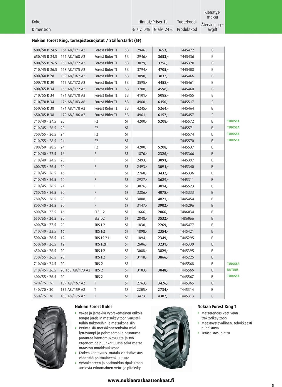 5 168 A8/175 A2 Forest Rider TL SB 3794,- 4705,- T445408 B 600/60 R 28 159 A8/167 A2 Forest Rider TL SB 3090,- 3832,- T445466 B 600/70 R 30 165 A8/172 A2 Forest Rider TL SB 3595,- 4458,- T445461 B