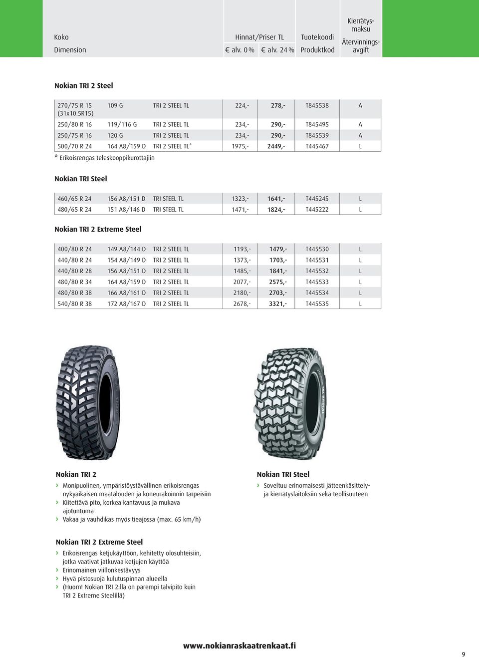 Erikoisrengas teleskooppikurottajiin Nokian TRI Steel 460/65 R 24 156 A8/151 D TRI STEEL TL 1323,- 1641,- T445245 L 480/65 R 24 151 A8/146 D TRI STEEL TL 1471,- 1824,- T445222 L Nokian TRI 2 Extreme