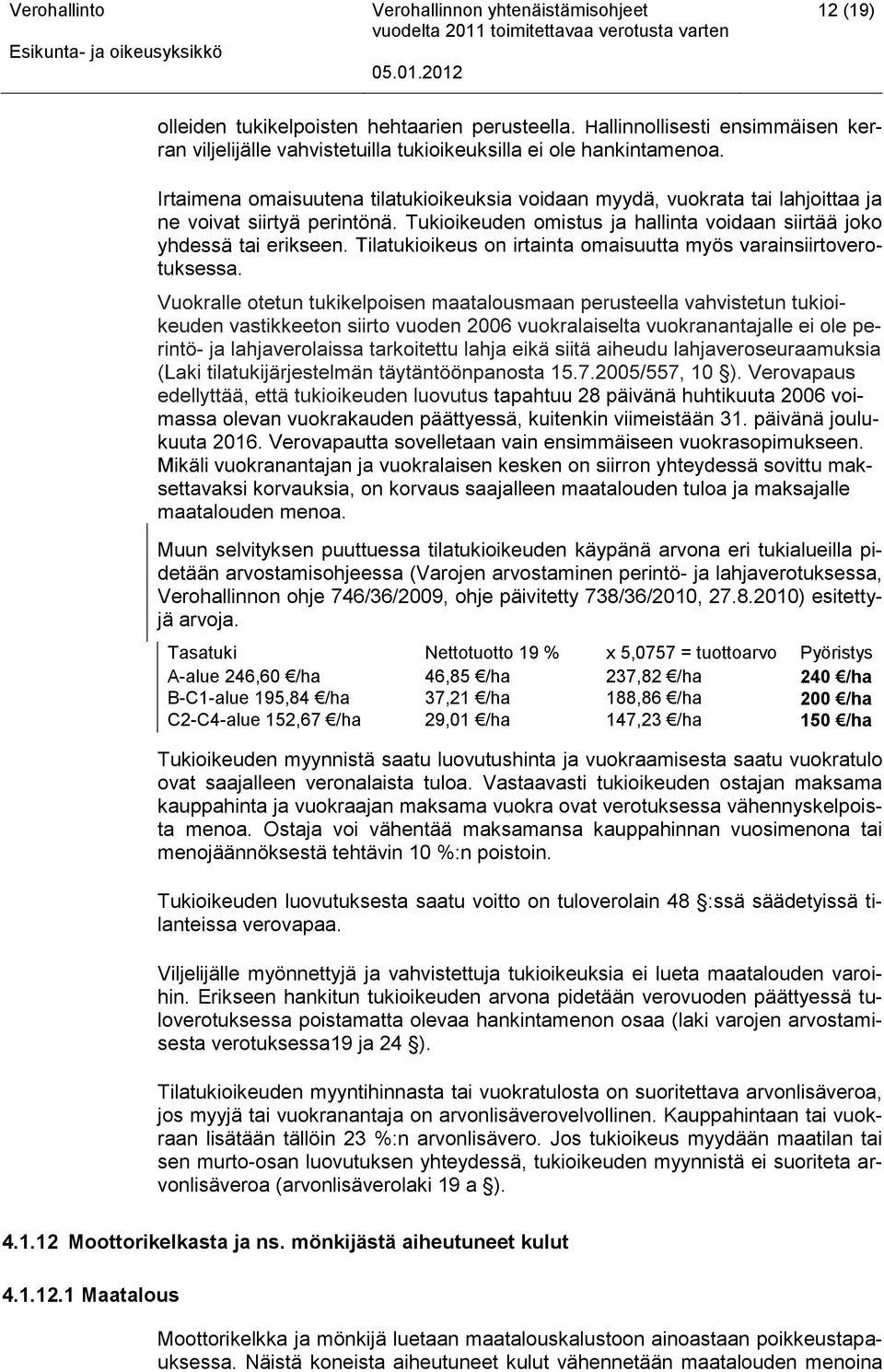 Tukioikeuden omistus ja hallinta voidaan siirtää joko yhdessä tai Muun selvityksen puuttuessa tilatukioikeuden käypänä arvona eri tukialueilla pidetään arvostamisohjeessa (Varojen arvostaminen