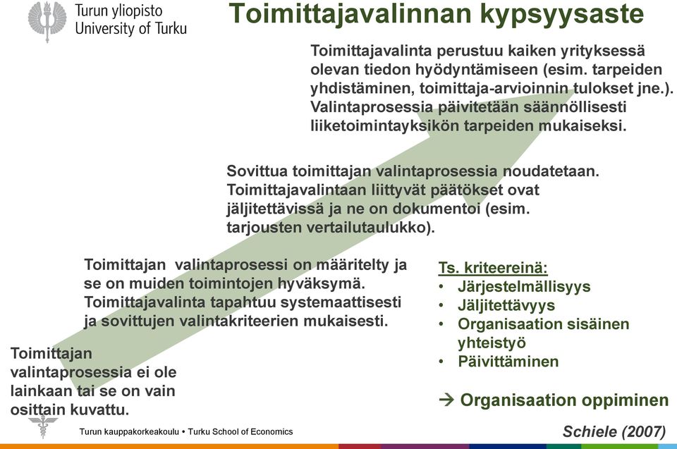 Toimittajavalintaan liittyvät päätökset ovat jäljitettävissä ja ne on dokumentoi (esim. tarjousten vertailutaulukko). Toimittajan valintaprosessi on määritelty ja se on muiden toimintojen hyväksymä.