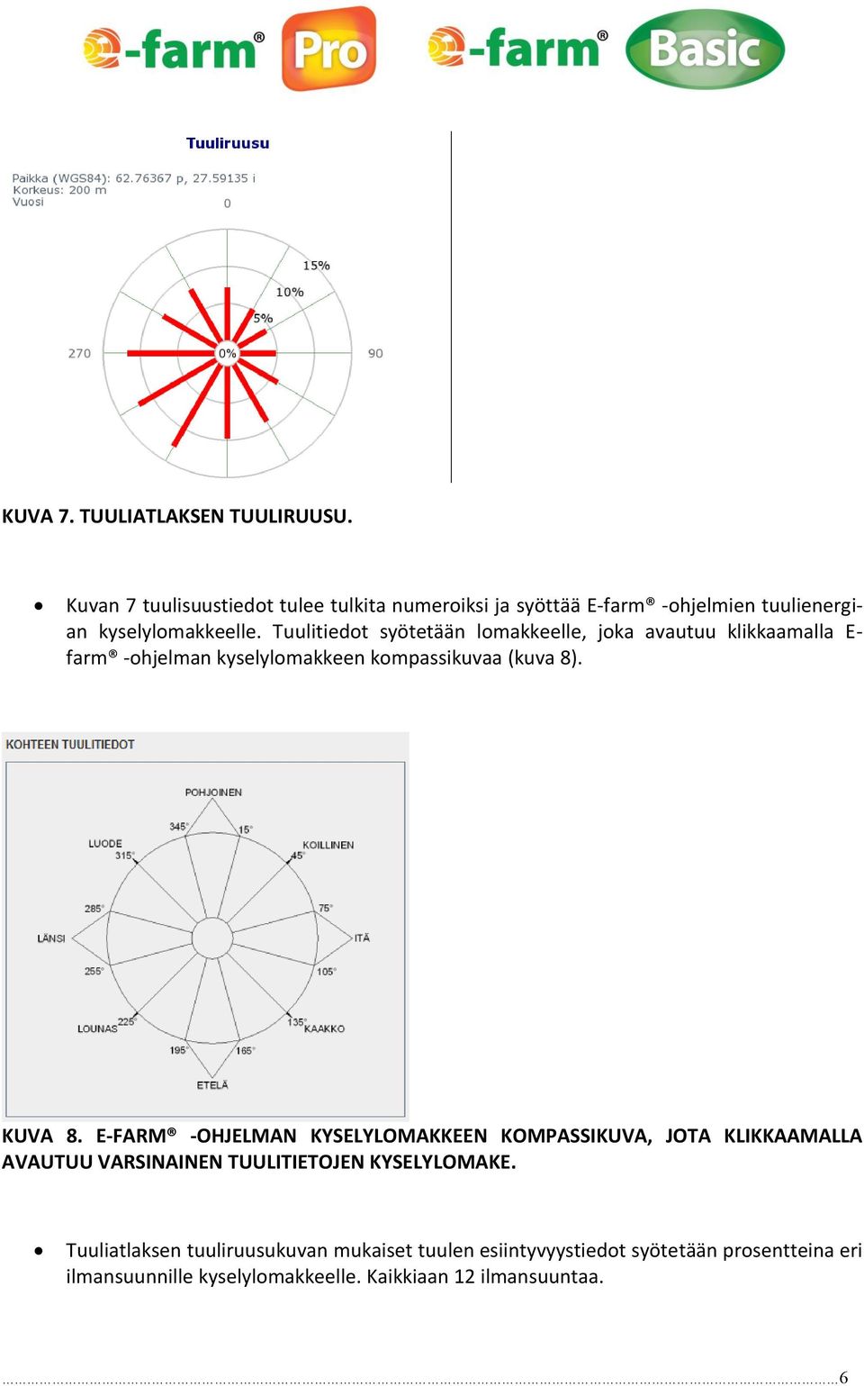 Tuulitiedot syötetään lomakkeelle, joka avautuu klikkaamalla E- farm -ohjelman kyselylomakkeen kompassikuvaa (kuva 8). KUVA 8.