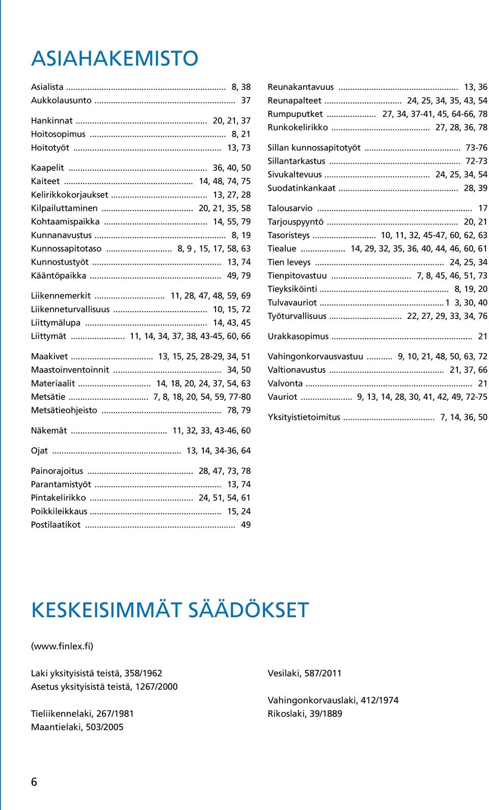 .. 49, 79 Liikennemerkit... 11, 28, 47, 48, 59, 69 Liikenneturvallisuus... 10, 15, 72 Liittymälupa... 14, 43, 45 Liittymät... 11, 14, 34, 37, 38, 43-45, 60, 66 Maakivet.