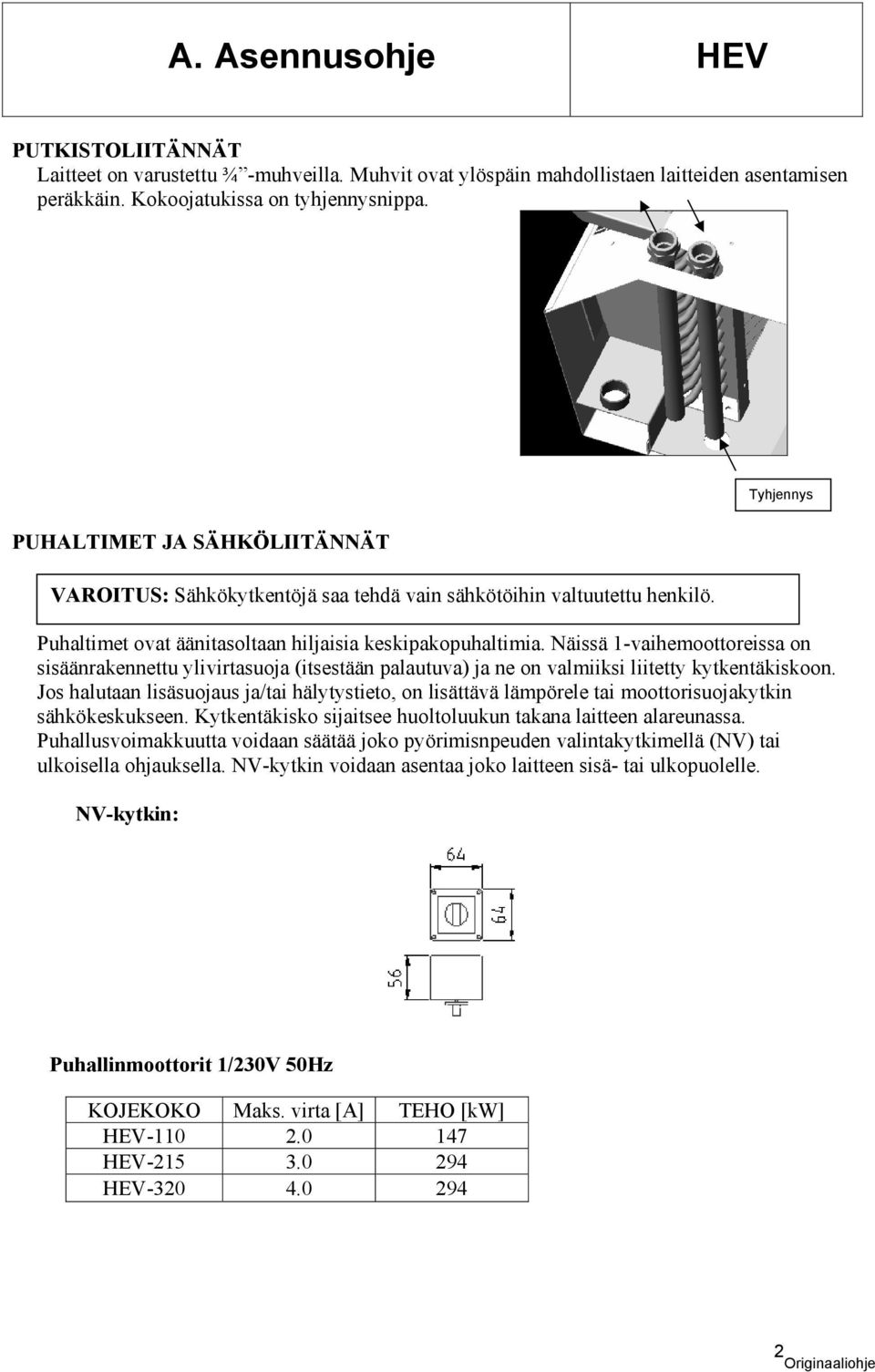 Näissä 1-vaihemoottoreissa on sisäänrakennettu ylivirtasuoja (itsestään palautuva) ja ne on valmiiksi liitetty kytkentäkiskoon.