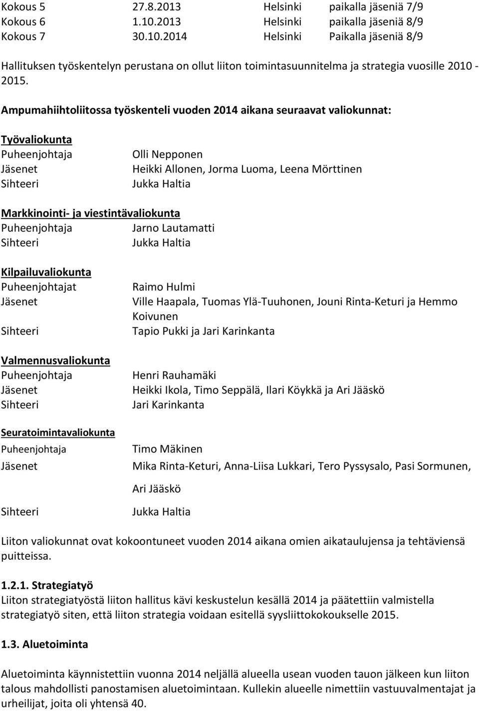 Ampumahiihtoliitossa työskenteli vuoden 2014 aikana seuraavat valiokunnat: Työvaliokunta Puheenjohtaja Jäsenet Sihteeri Olli Nepponen Heikki Allonen, Jorma Luoma, Leena Mörttinen Jukka Haltia