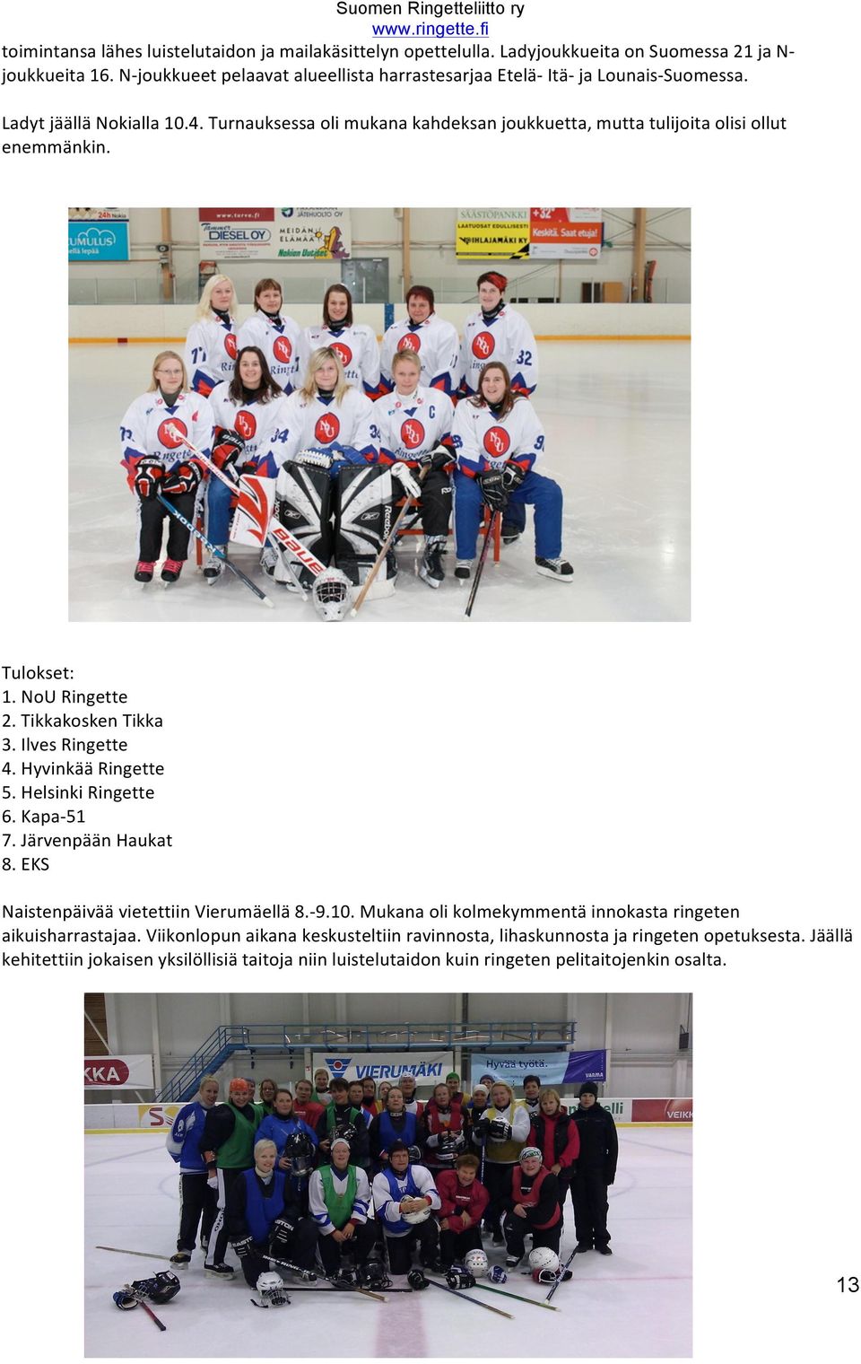 Tulkset: 1. NU Ringette 2. Tikkaksken Tikka 3. Ilves Ringette 4. Hyvinkää Ringette 5. Helsinki Ringette 6. Kapa- 51 7. Järvenpään Haukat 8. EKS Naistenpäivää vietettiin Vierumäellä 8.- 9.10.