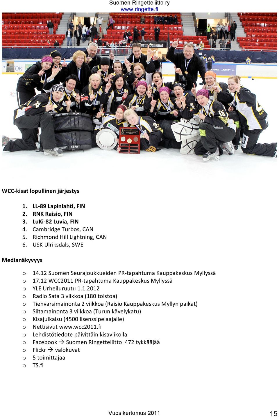 12 WCC2011 PR- tapahtuma Kauppakeskus Myllyssä YLE Urheiluruutu 1.1.2012 Radi Sata 3 viikka (180 tista) Tienvarsimainnta 2 viikka (Raisi Kauppakeskus Myllyn paikat)