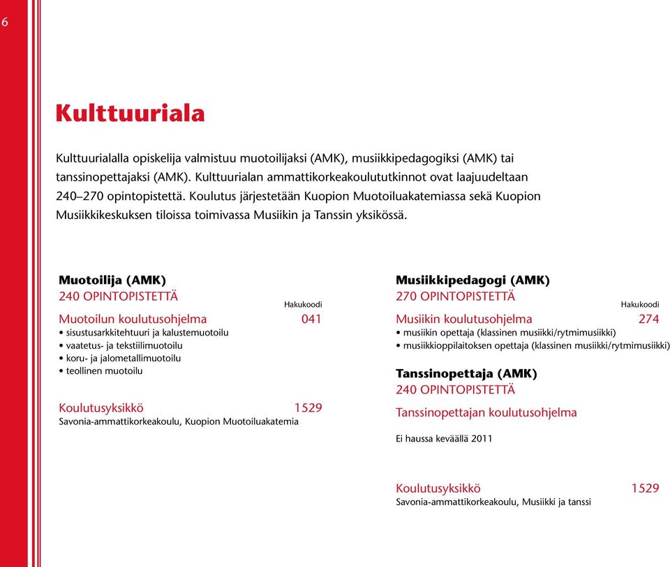 Koulutus järjestetään Kuopion Muotoiluakatemiassa sekä Kuopion Musiikkikeskuksen tiloissa toimivassa Musiikin ja Tanssin yksikössä.