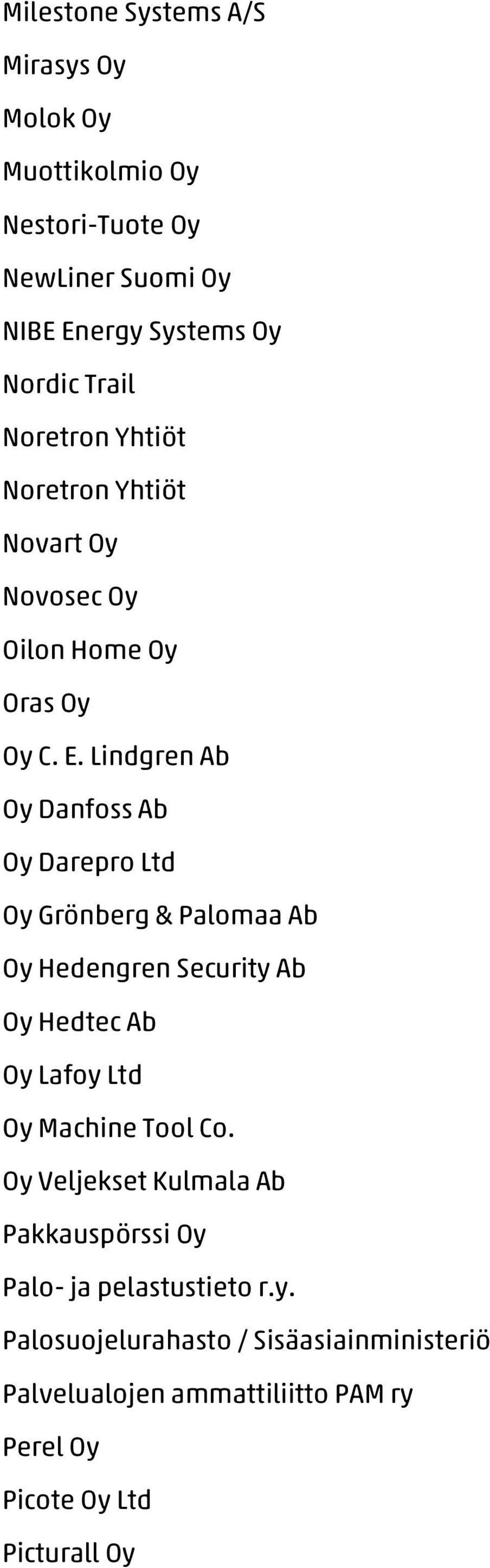 Lindgren Ab Oy Danfoss Ab Oy Darepro Ltd Oy Grönberg & Palomaa Ab Oy Hedengren Security Ab Oy Hedtec Ab Oy Lafoy Ltd Oy Machine Tool