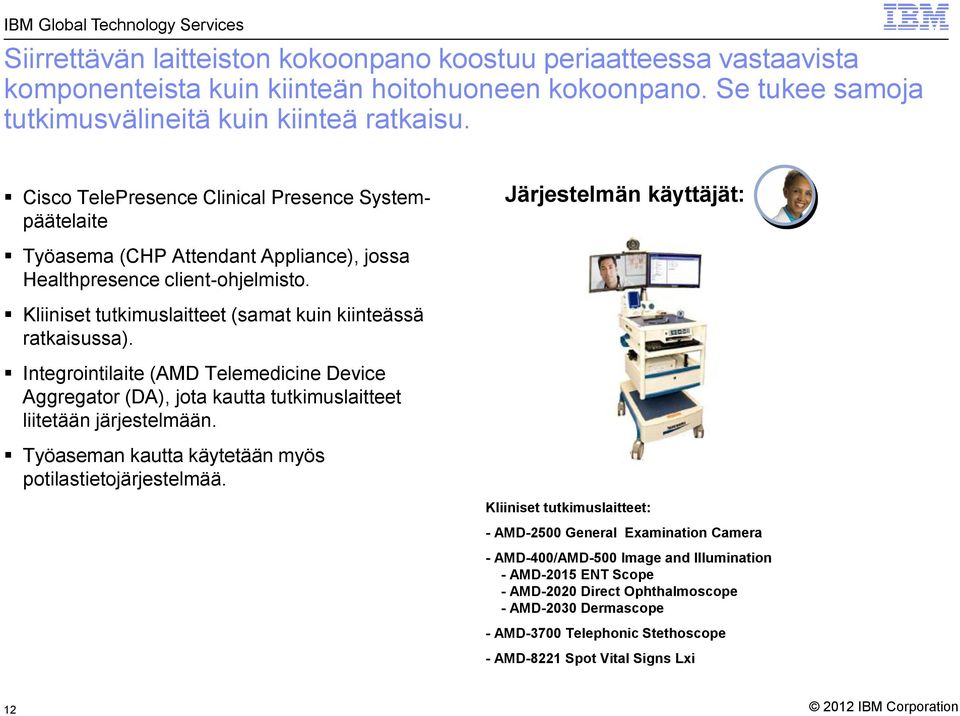 Kliiniset tutkimuslaitteet (samat kuin kiinteässä ratkaisussa). Integrointilaite (AMD Telemedicine Device Aggregator (DA), jota kautta tutkimuslaitteet liitetään järjestelmään.