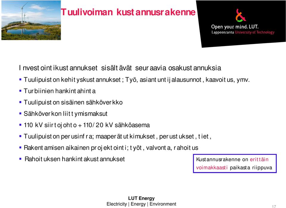 Turbiinien hankintahinta Tuulipuiston sisäinen sähköverkko Sähköverkon liittymismaksut 110 kv siirtojohto + 110/20 kv sähköasema