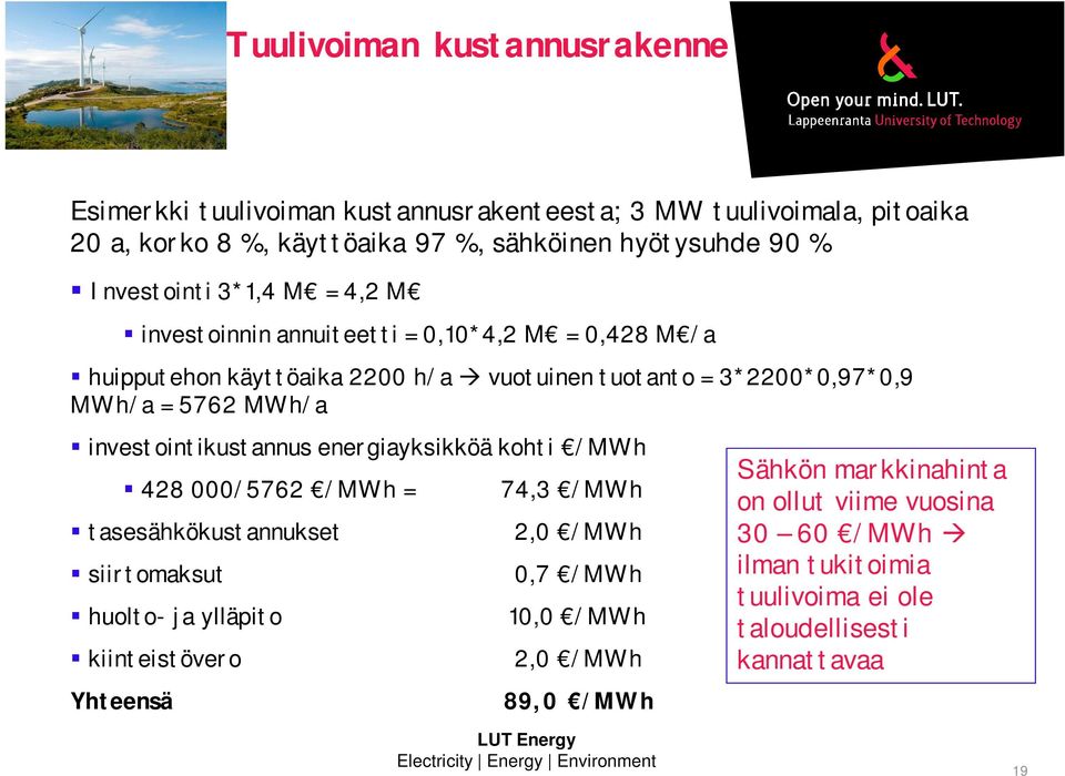 MWh/a investointikustannus energiayksikköä kohti /MWh 428 000/5762 /MWh = tasesähkökustannukset siirtomaksut huolto- ja ylläpito kiinteistövero Yhteensä 74,3 /MWh