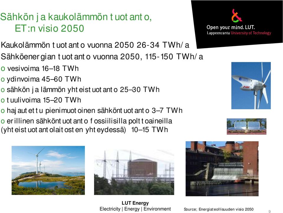 yhteistuotanto 25 30 TWh o tuulivoima 15 20 TWh o hajautettu pienimuotoinen sähköntuotanto 3 7 TWh o erillinen