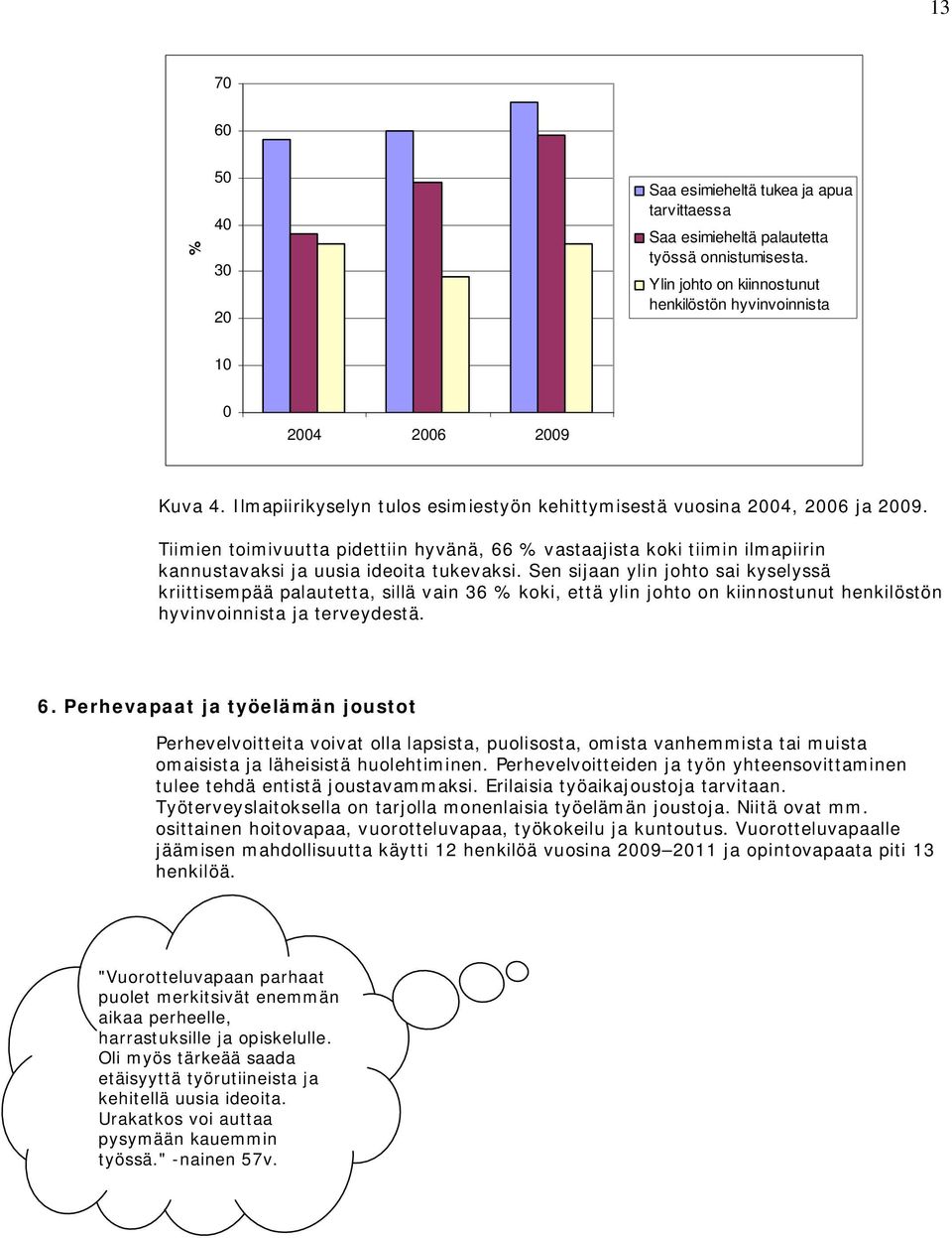 Sen sijaan ylin johto sai kyselyssä kriittisempää palautetta, sillä vain 36 % koki, että ylin johto on kiinnostunut henkilöstön hyvinvoinnista ja terveydestä. 6.