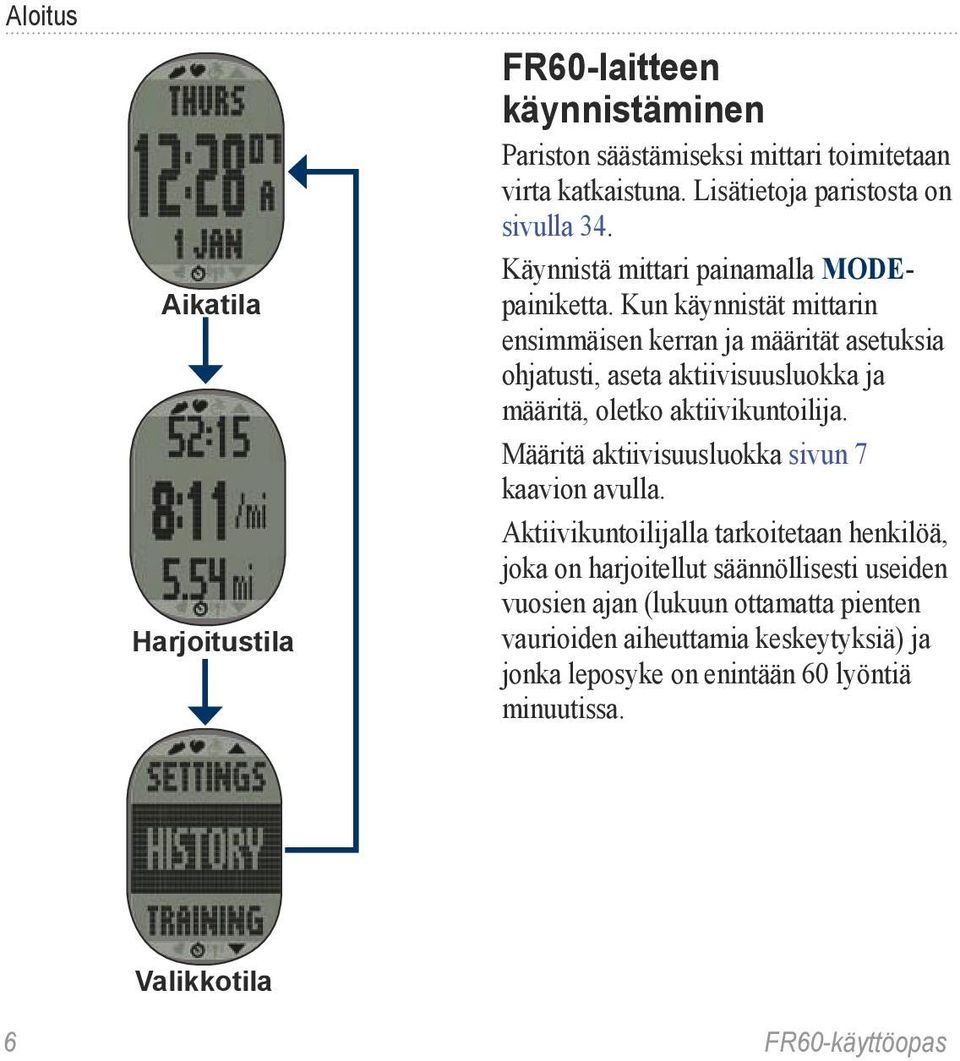 Kun käynnistät mittarin ensimmäisen kerran ja määrität asetuksia ohjatusti, aseta aktiivisuusluokka ja määritä, oletko aktiivikuntoilija.