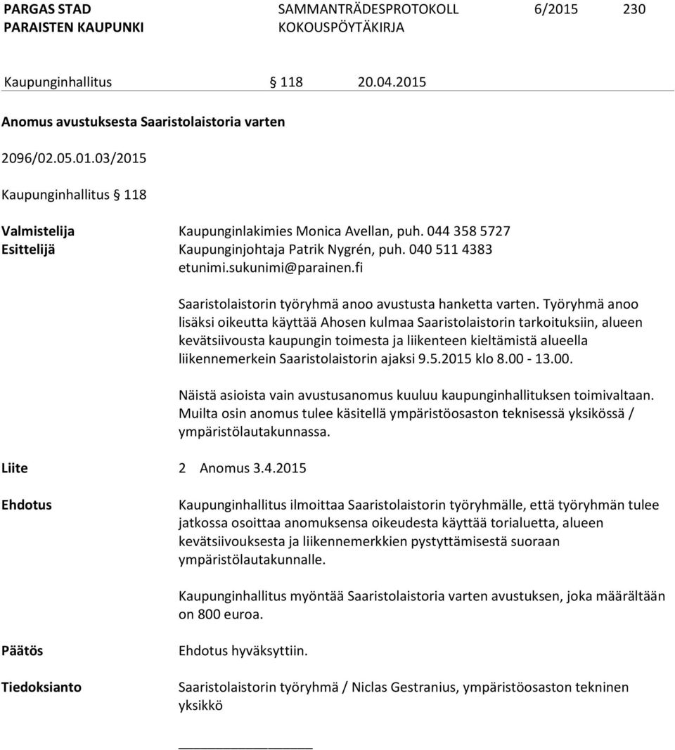 Työryhmä anoo lisäksi oikeutta käyttää Ahosen kulmaa Saaristolaistorin tarkoituksiin, alueen kevätsiivousta kaupungin toimesta ja liikenteen kieltämistä alueella liikennemerkein Saaristolaistorin