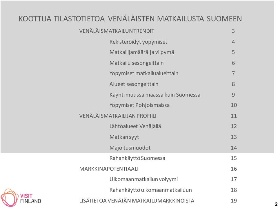 Yöpymiset Pohjoismaissa 10 VENÄLÄISMATKAILIJAN PROFIILI 11 Lähtöalueet Venäjällä 12 Matkan syyt 13 Majoitusmuodot 14 Rahankäyttö