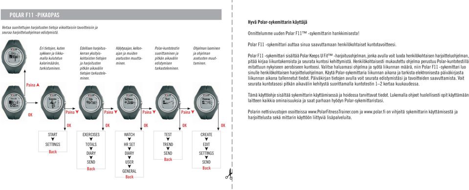 Edellisen harjoituskerran yksityiskohtaisten tietojen ja harjoitusten pitkän aikavälin tietojen tarkasteleminen. Hälytysajan, kellonajan ja muiden asetusten muuttaminen.