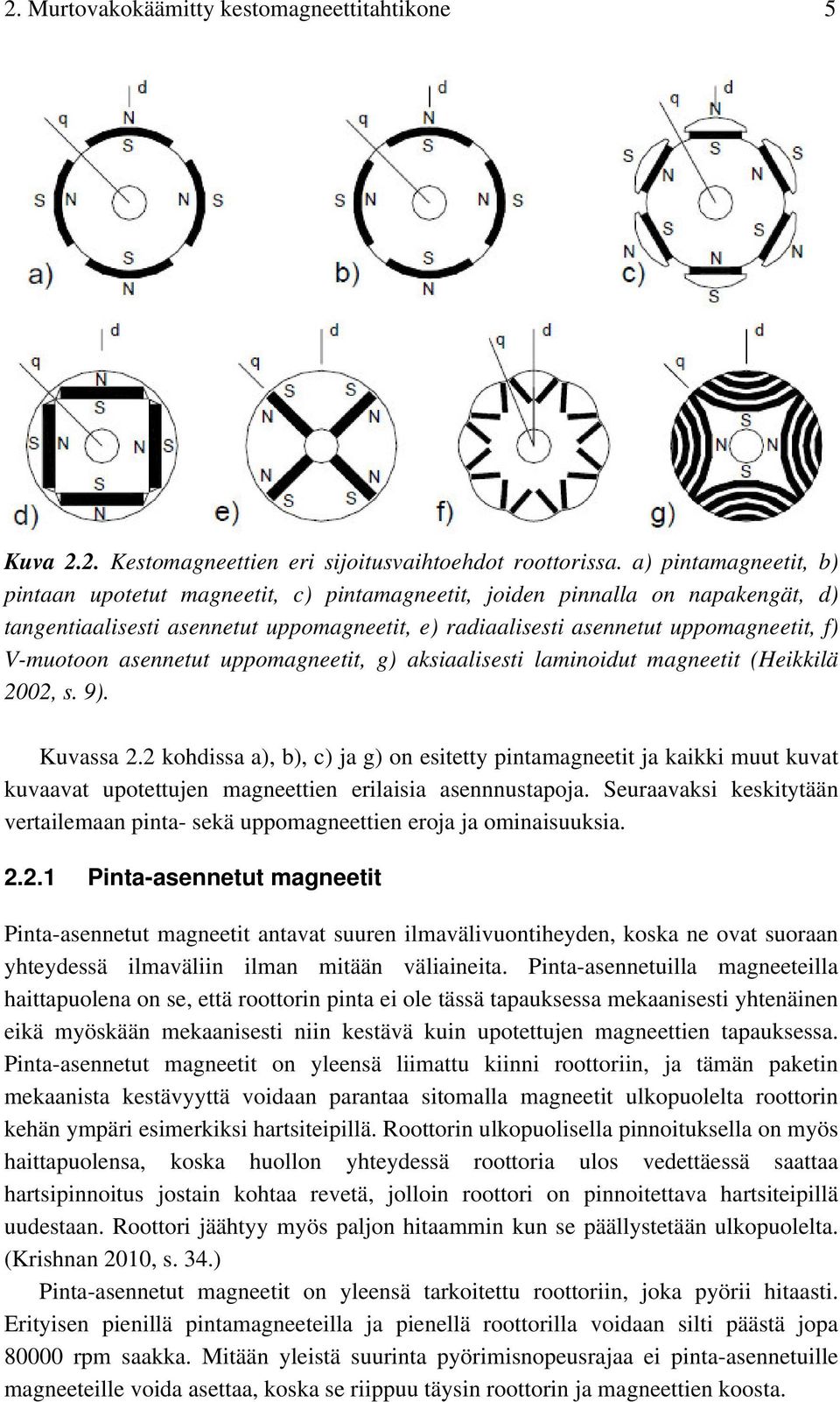 V-muotoon asennetut uppomagneetit, g) aksiaalisesti laminoidut magneetit (Heikkilä 2002, s. 9). Kuvassa 2.
